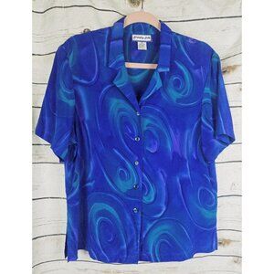 Simply Silk Blue Swirl Print Blouse M Short Sleeves Button Up Womens 100% Silk